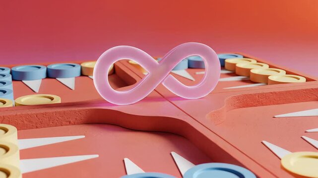 Pink infinity symbol on a backgammon board with game pieces.