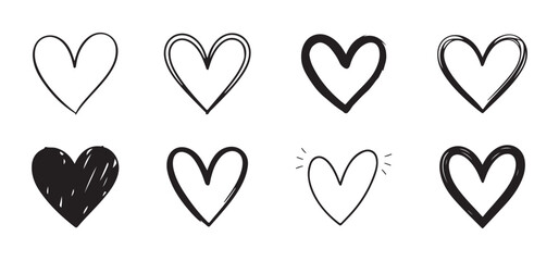 A large set of hand-drawn red heart icons with a scribble and sketch style. Romantic love symbols for Valentine's Day or wedding designs isolated on a white background