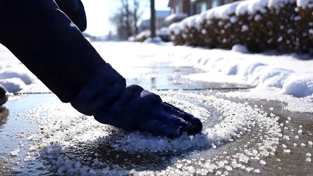 Person wearing gloves spreading salt on icy sidewalk in winter  