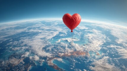 Fototapeta premium Heart-Shaped Balloon Floating Above Earth in a Clear Blue Sky, Symbolizing Love, Freedom, and Global Connection