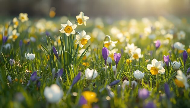 Spring Awakening: Field of Daffodils and Crocuses in Green Grass &mdash; Symbol of Beauty and Renewal
