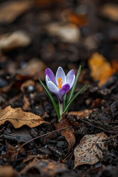 Spring Awakening: White Crocus with Purple Veins Amid Soil and Fallen Leaves with Copy Space &mdash; Symbol of Nature&rsquo;s Renewal
