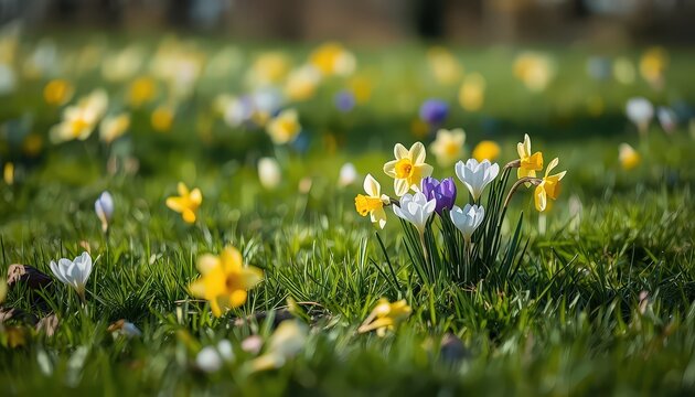 Spring Awakening: Field of Daffodils and Crocuses in Green Grass &mdash; Symbol of Beauty and Renewal