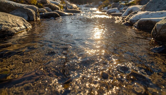 Spring Awakening: Stream Amid Ice and Snow with Sunlight Reflections &mdash; Symbol of Transition from Winter to Spring