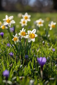 Spring Awakening: Field of Daffodils and Crocuses in Green Grass &mdash; Symbol of Beauty and Renewal