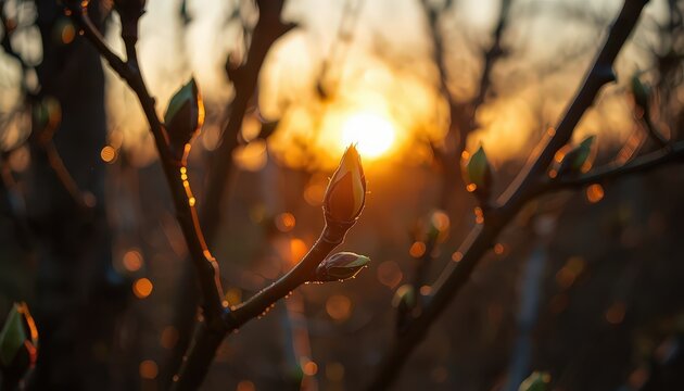 Spring Awakening: Tree Branches with Budding Leaves in Golden Sunset Light &mdash; Symbol of Nature&rsquo;s Renewal
