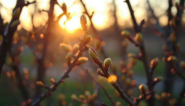 Spring Awakening: Tree Branches with Budding Leaves in Golden Sunset Light &mdash; Symbol of Nature&rsquo;s Renewal