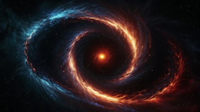a single, bright light, surrounded by an accretion disk of reddish-orange glowing gas and dust that contrasts with the surrounding dark blue nebula clouds.