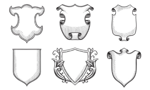 Heraldic shields for coat of arms design. Hand drawn engraving in old traditional medieval style with scrolls and ribbons, modern made elements for family symbols and templates