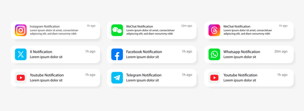 Minimal social media notification UI set with popular social media app alerts. Clean mobile interface widgets for Instagram, Facebook, X, Telegram, WhatsApp and YouTube.