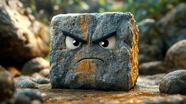 Angry stone character amidst a rocky landscape with lush greenery