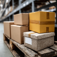Shipping boxes stacked on wooden pallet in warehouse aisle