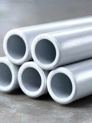 Fototapeta premium Stack of industrial PVC pipes on concrete floor in warehouse