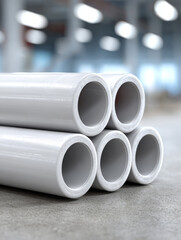 Fototapeta premium Industrial white PVC pipes stacked on concrete floor in warehouse