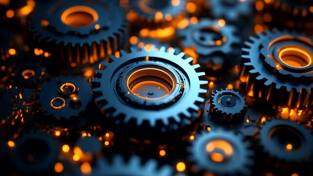 Close-up of intricate metallic gears with glowing lights in background