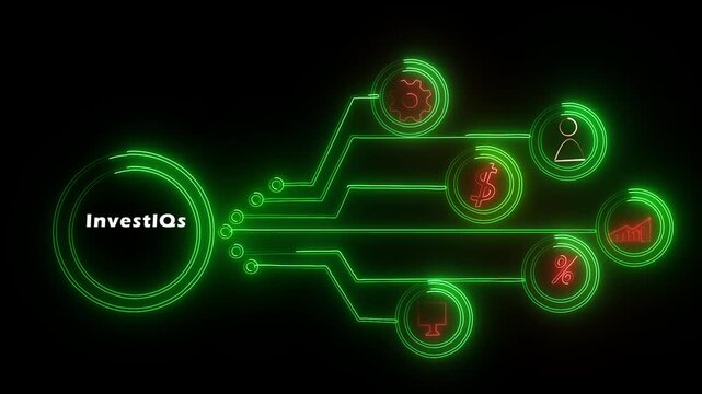 Futuristic Investi Qs concept with glowing neon icons representing different aspects of project planning, execution, 