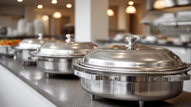 Stainless steel chafing dishes on banquet table in elegant setting