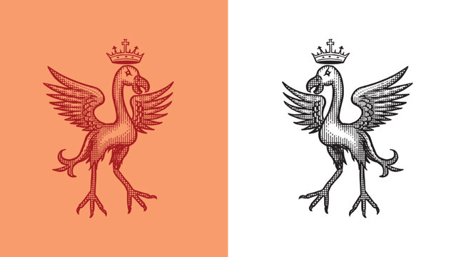 Heraldic flamingo or phoenix with crown for coat of arms design and shield. Hand drawn engraving in old traditional medieval style, modern made element for family symbols and templates