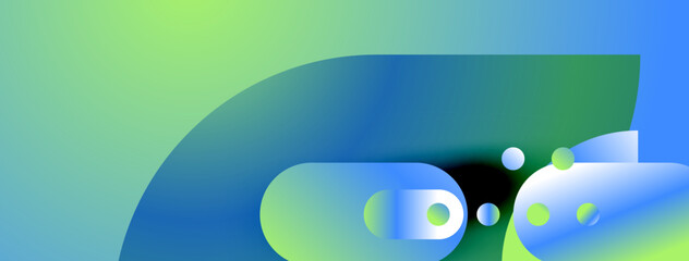 Abstract design features flowing shapes, vibrant blues, greens. Gradient colors create depth, modern aesthetic. Bubbles add playful touch.