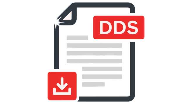 Vector illustration of a DDS document file icon with a red download button and Transparent Background, representing digital data storage.