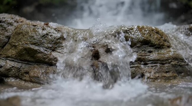 Closeup view of a rushing waterfall cascading over mossy rocks in nature
