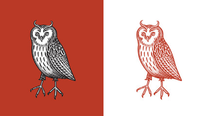 Heraldic long eared owl or eagle owl for coat of arms design and shield. Hand drawn engraving in old traditional medieval style, modern made element for family symbols and templates