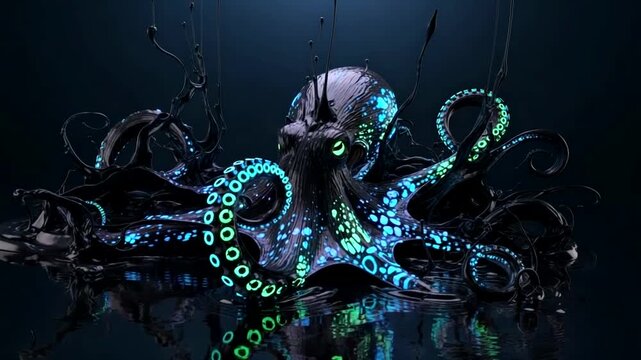 Bioluminescent Octopus with Glowing Tentacles in Dark Water.