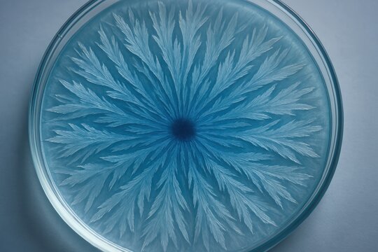 Stunning blue fractal crystal pattern filling entire glass dish