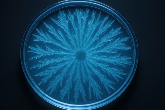 Symmetrical dendritic crystal growth radiating from a central point