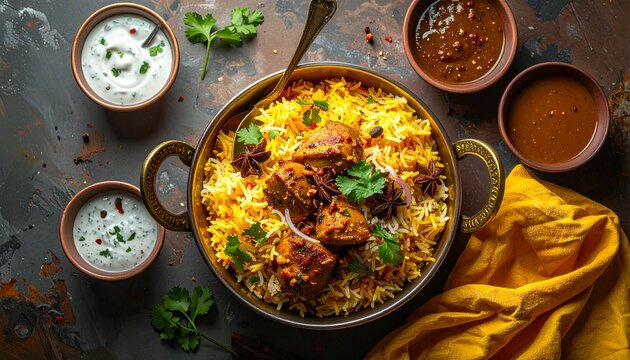 Delicious Indian chicken biryani with flavorful sauces and herbs
