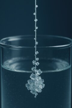 Supersaturated solution depositing cubic crystals onto a vertical string