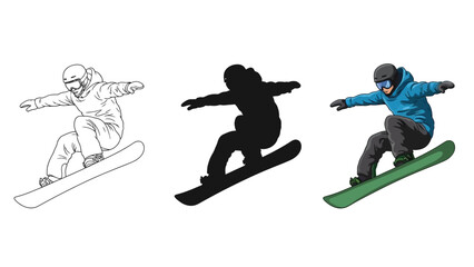Snowboarder performing a trick in three styles line art, silhouette and full color photograph