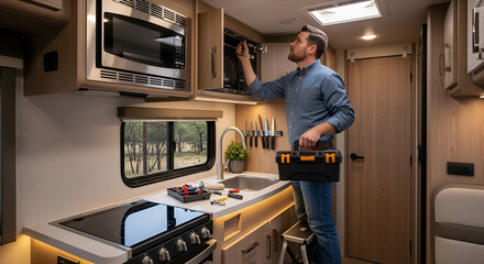 Man working on rv kitchen cabinet with tool belt modern caravan interior with microwave and stove renovation and diy concept