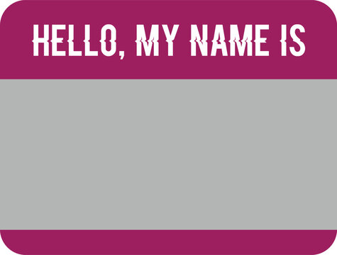 Vibrant purple Hello My Name Is sticker with a blank grey area for personalizing introductions