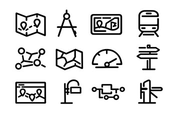 Set of navigation and travel line icons including maps, GPS, train, speedometer, and signpost for web and mobile interface design © PAPA STOCK