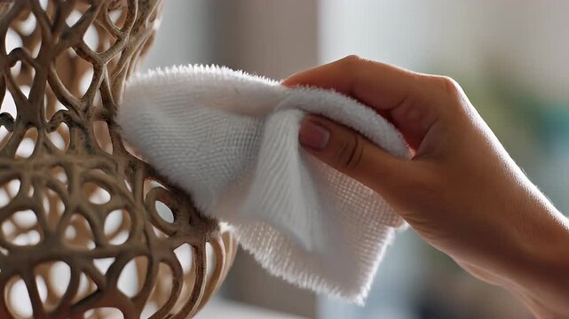 Womans hand cleaning decorative object with soft white cloth
