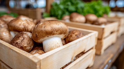 Fresh organic mushrooms in wooden crate at farmers market