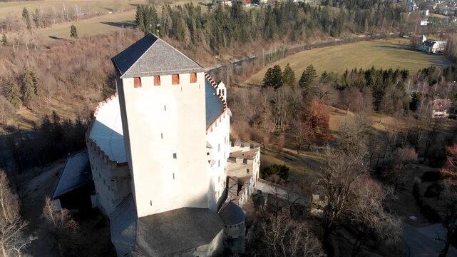 Lienz Castle aerial view in winter, Austria