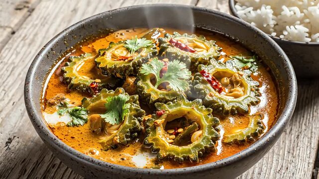 Close up of a bowl of curry with rice overhead shot on a wooden surface