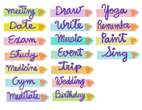 For calendar, scrapbook or planner, digital or printer, , Eighteen stickers in English, wahi style, handwritten typography