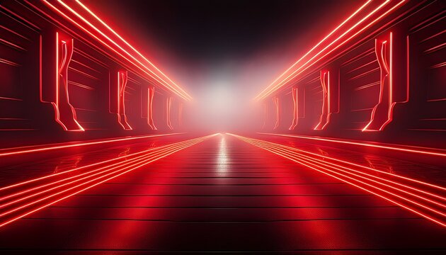 red runway with red neon frames spotlights and fog