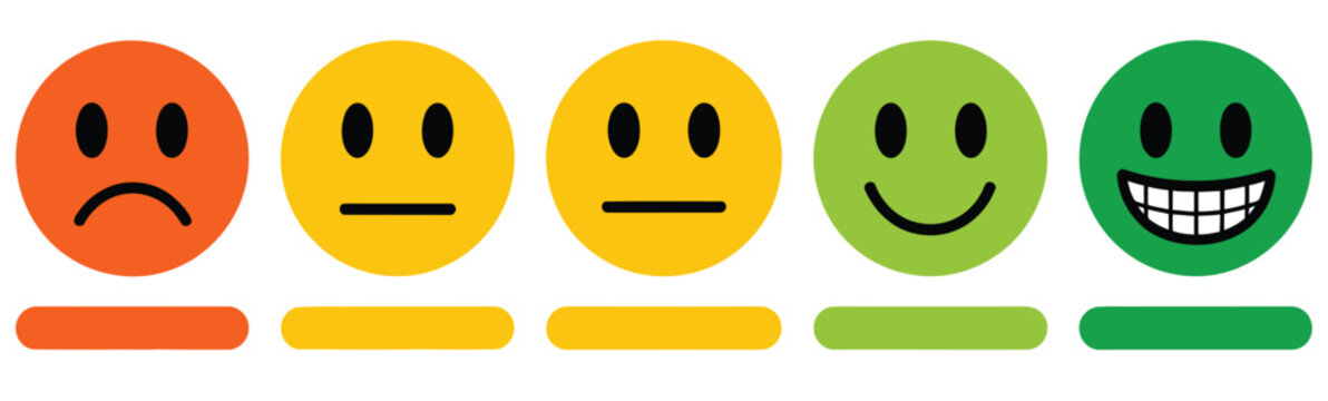 Smiley reaction and feedback vector icon collection, featuring happy, neutral, and sad emojis, good and bad emoticons, rating faces, ideal for user feedback