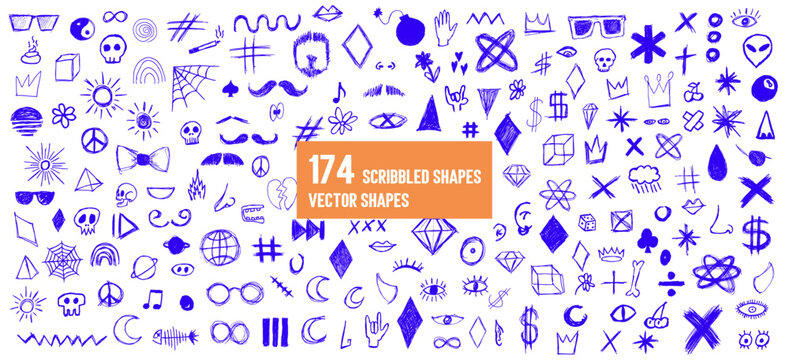 Hand-Drawn Shape Vector: A comprehensive collection of hand-drawn scribbled shapes, perfect for design assets and creative projects.