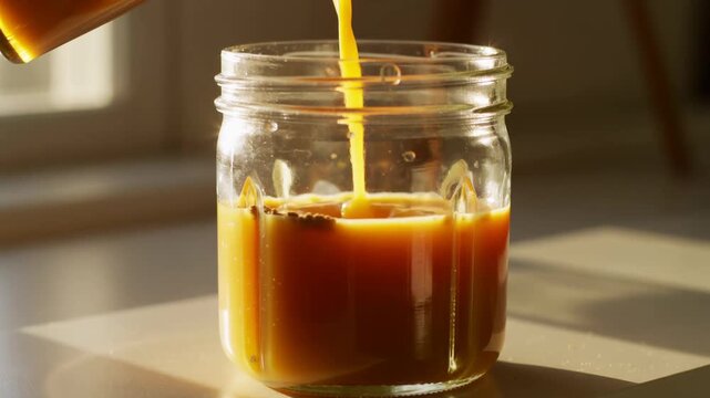 Golden orange juice being poured into glass jar with maca root powder for healthy breakfast smoothie blending