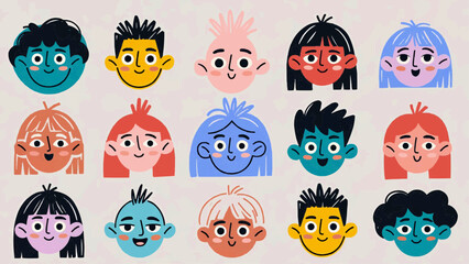 Diverse cartoon faces with various emotions displayed in a grid pattern