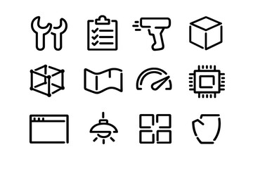 Industrial and technology line icons featuring tools hardware software and manufacturing symbols for engineering and technical design