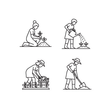 Gardening line icon set. Includes planting, watering, weeding, and digging. Created in simple line style with black and white palette.
