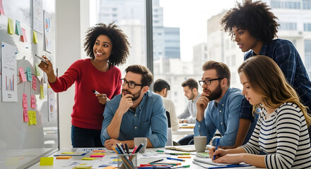Professional colleagues collaborating in a bright office space while pointing at charts and sticky notes