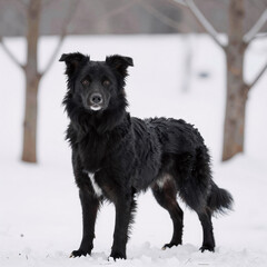 geometric, a black border collie dog poses outdoors amidst a winter backdrop
