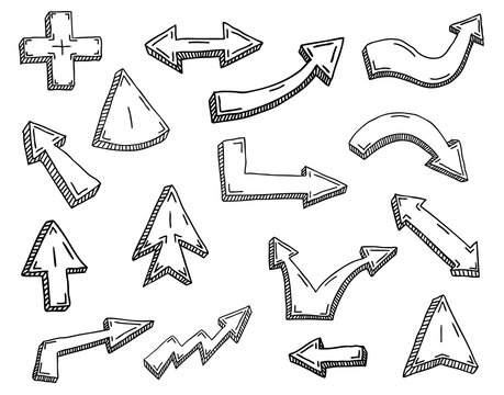 Set of black grunge doodle comic hand drawn arrows and mouse cursors isolated on white backround. Sketch grafity style ink symbols collection. Vector illustration